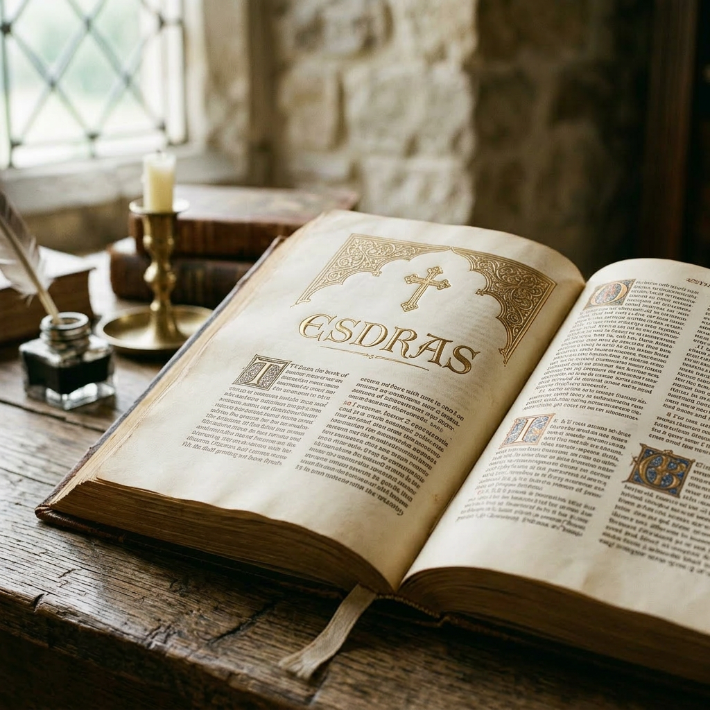 Open antique book titled Esdras with decorative cross and text on wooden table with candle and inkwell