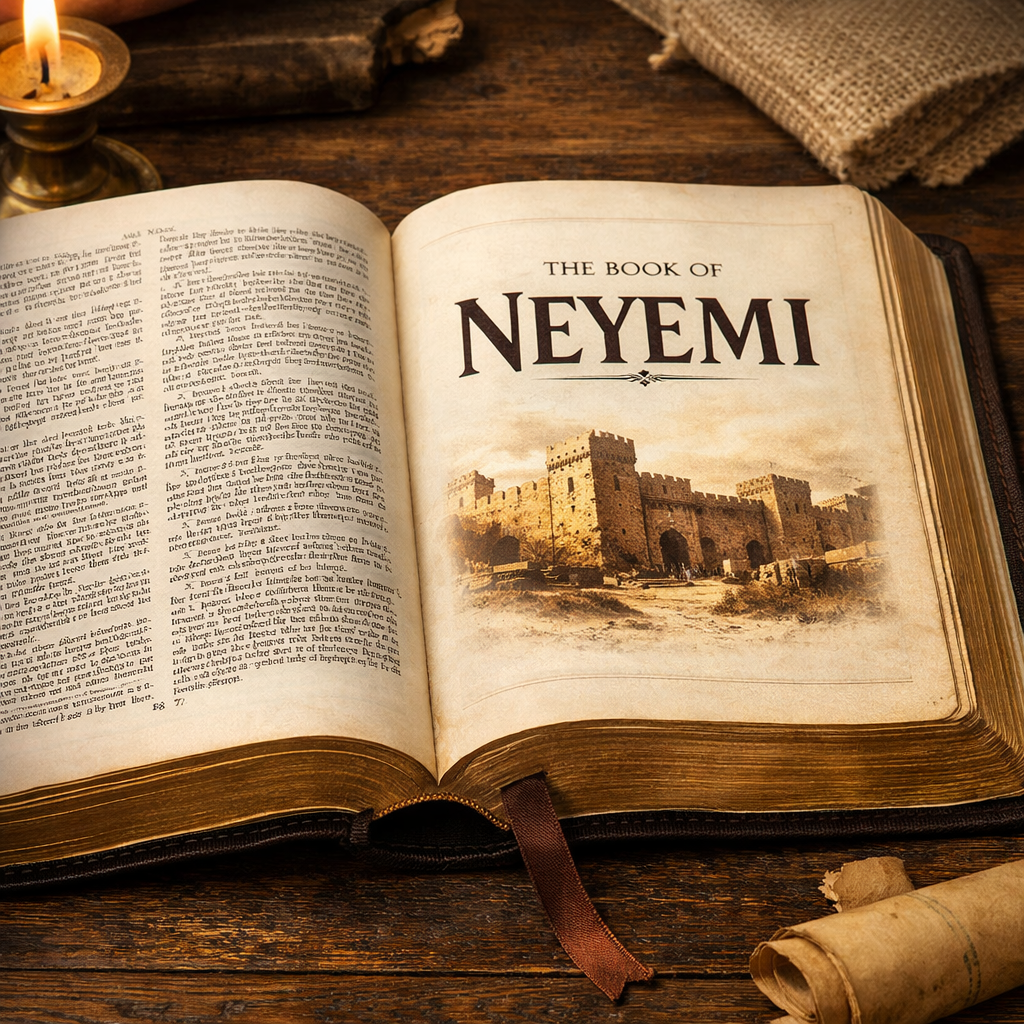 Open antique book titled The Book of Neyemi with castle illustration and adjacent text on wooden surface
