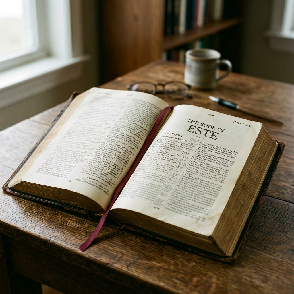 Open Bible showing the Book of Esther, chapter 1
