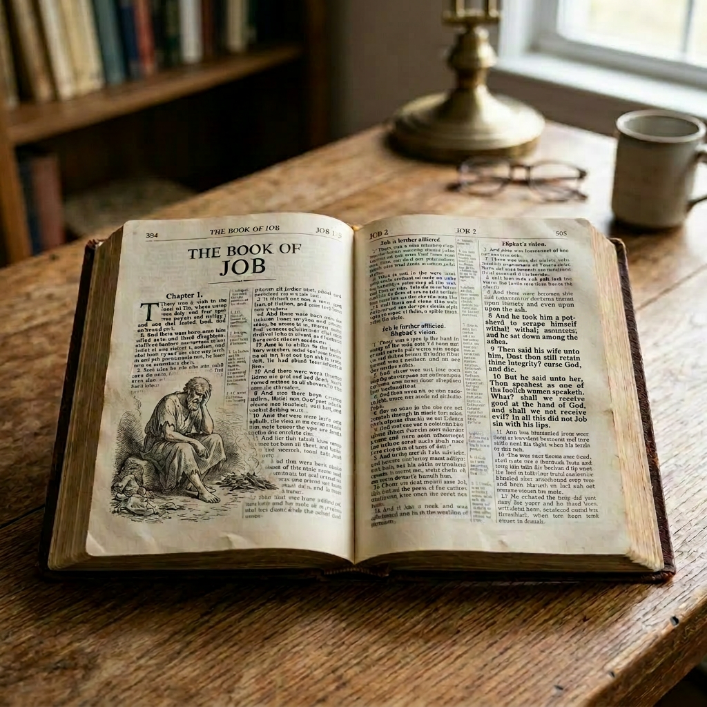 Open Bible showing the title and text of the Book of Job on a wooden table