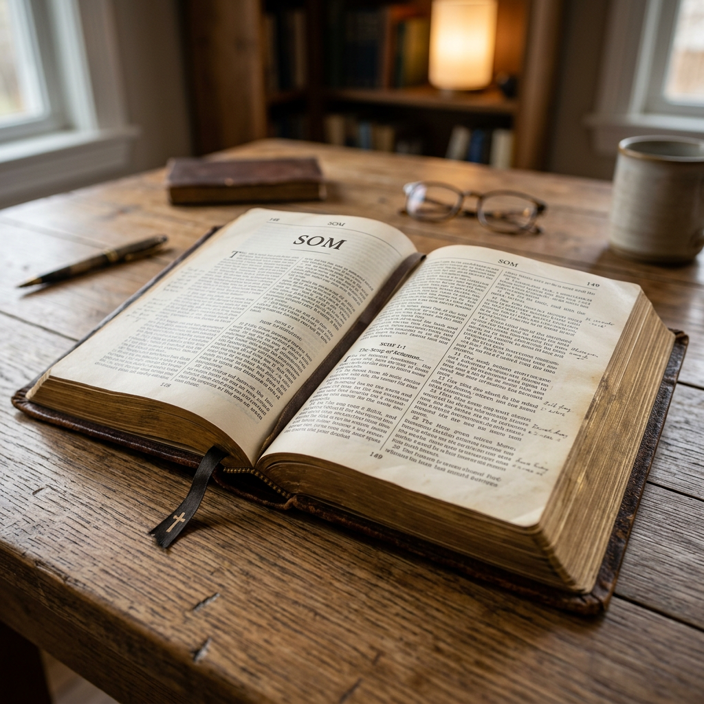 Open Bible pages showing text and handwritten annotations, with glasses and coffee mug nearby
