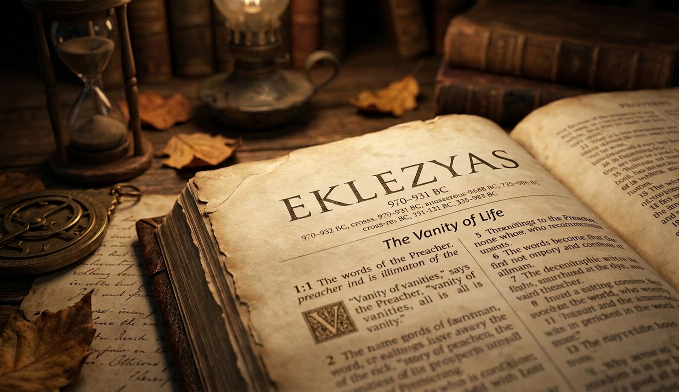 Open book showing the title Ecclesiastes and text 'The Vanity of Life' with antique hourglass and compass nearby