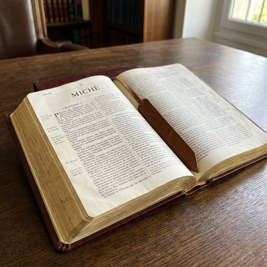 Open Spanish Bible showing the book of Miqueas on a wooden desk