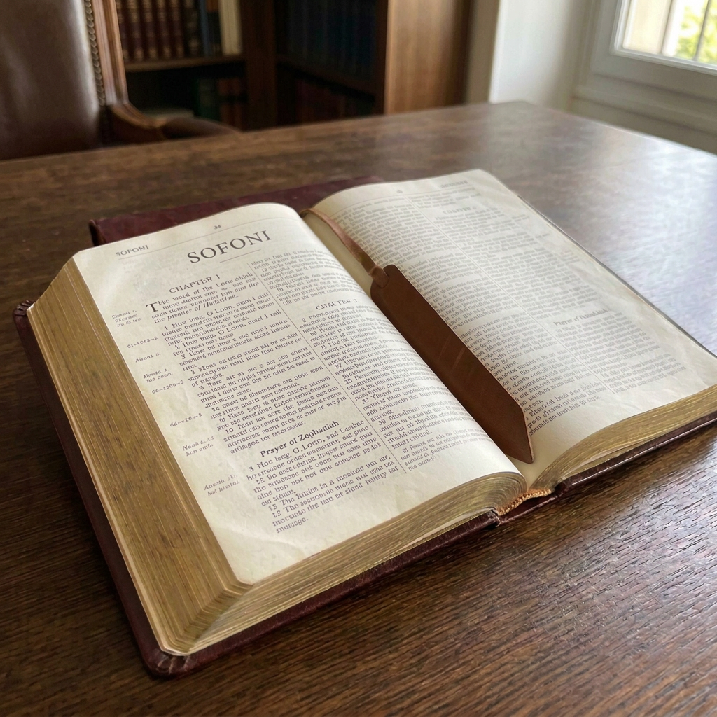 Open Spanish Bible showing the book of Miqueas on a wooden desk