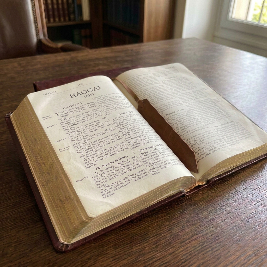 Open Bible displaying the Book of Haggai on a wooden table