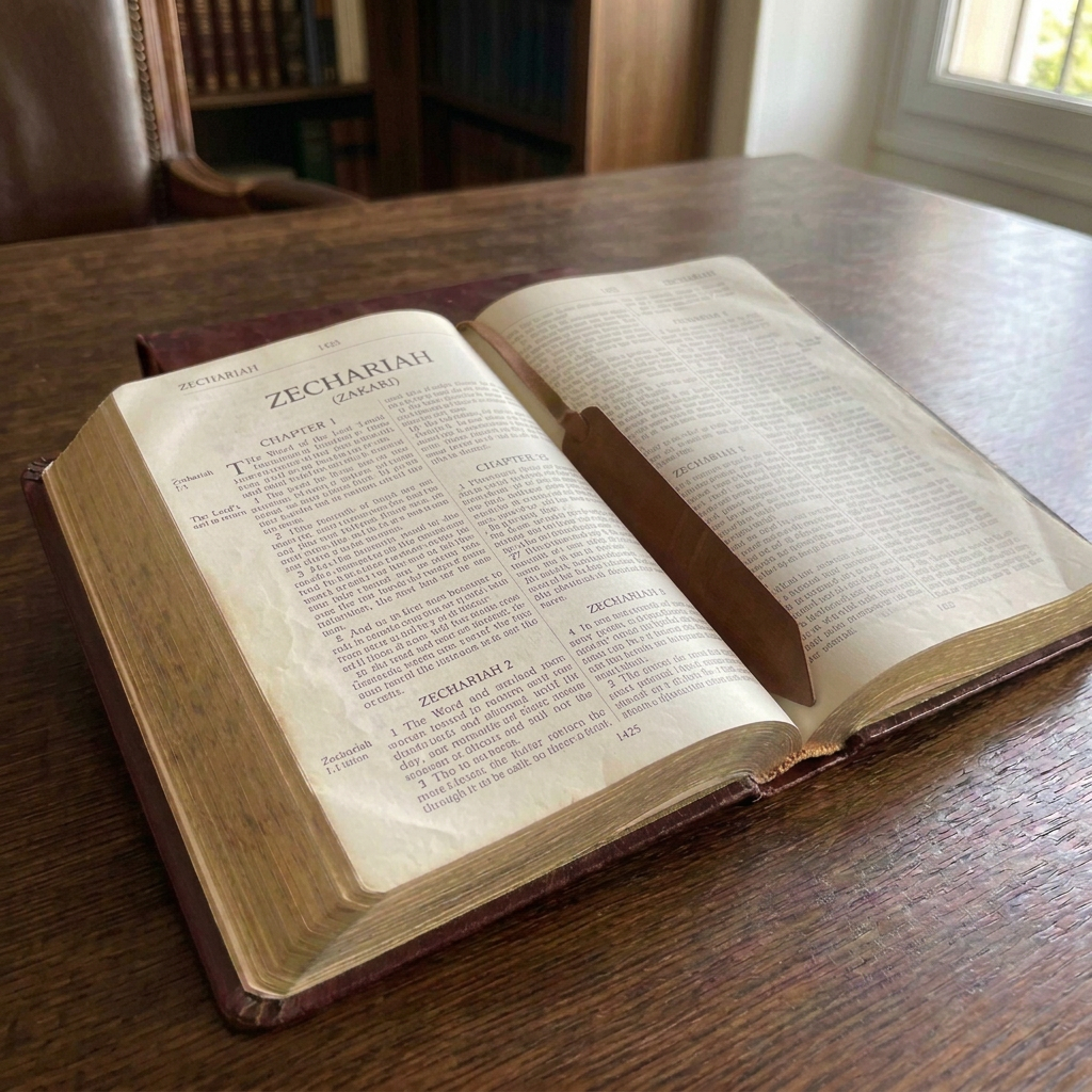 Open Bible displaying the Book of Haggai on a wooden table